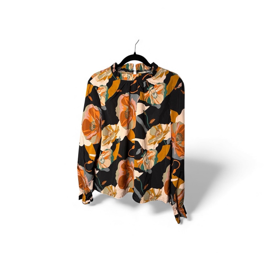 SHEIN XL Black Tan Floral High Neck Long Sleeve Blouse